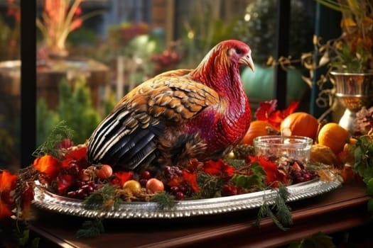 Turkeys for Thanksgiving on a wood table . Generative AI.