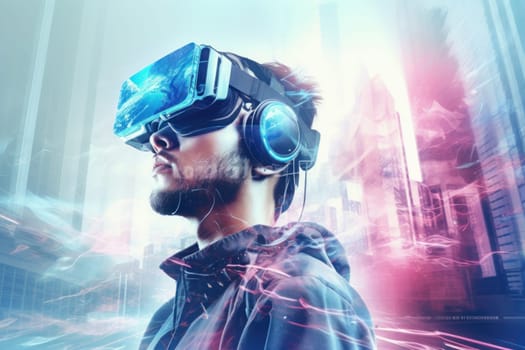 Double exposure photography of closeup VR gamer and the beautiful sci-fi city. Generative AI.