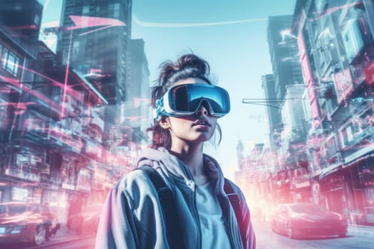 Double exposure photography of closeup VR gamer and the beautiful sci-fi city. Generative AI.