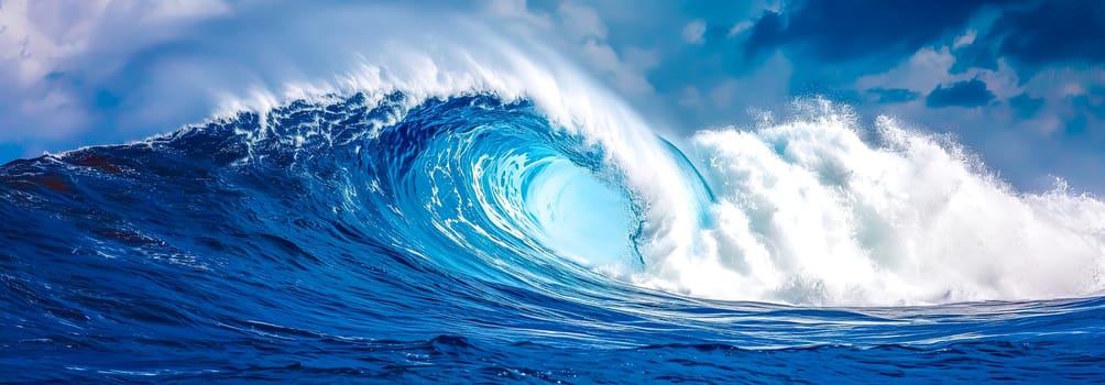 A panoramic image of a majestic blue wave cresting and crashing in the ocean, showcasing the power and beauty of the sea with a dynamic sky above