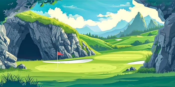lush golf course with a putting green and flag nestled among rolling hills, with a large cave entrance on the left, all set against a backdrop of towering mountains and a clear blue sky