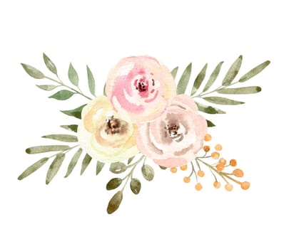 Watercolor floral arrangement pastel color illustration isolated on white background. Wedding card decoration