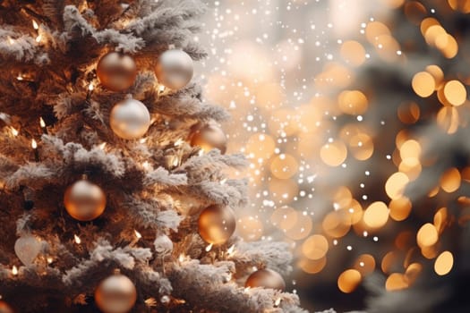 Christmas winter blurred background. Xmas tree with snow. Generative AI.