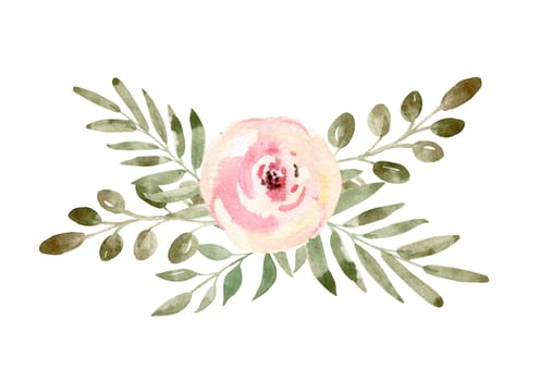 Watercolor pink floral arrangement illustration isolated on white background. Wedding card decoration