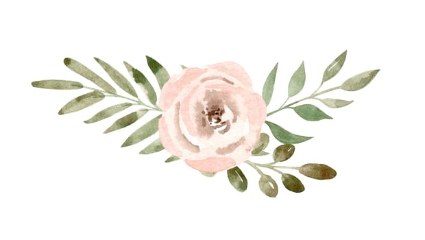 Watercolor pink floral arrangement illustration isolated on white background. Wedding card decoration