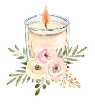 Watercolor burning candle in glass with flowers illustration isolated on white background