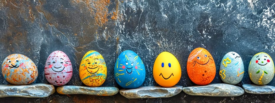 painted rocks with happy faces, each uniquely decorated and placed against a dark, marbled stone background, embodying the joy and creativity of Easter rock painting. copy space