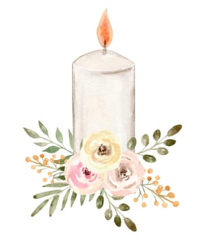 Watercolor burning candle with flowers illustration isolated on white background