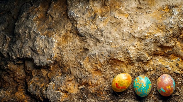 three colorful painted Easter eggs, creating a contrast between natural roughness and festive decoration. copy space