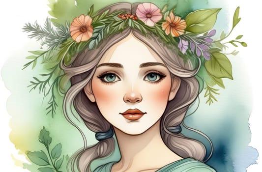 Portrait of a fantasy girl in pastel watercolor colors. Summer, spring fairy-tale portrait. Long curly hair
