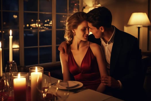 Beautiful young couple having a romantic dinner and drinking wine on Valentine's Day at a luxurious restaurant