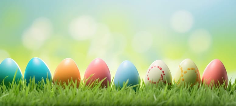 A vibrant array of colorful Easter eggs decorated with various patterns, lined up on a bed of fresh spring grass against a sunny backdrop.