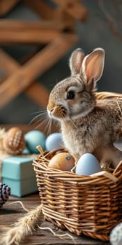 An adorable bunny nestled among dyed Easter eggs in a wicker basket
