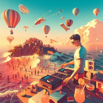 young deejay, wear glasses earphone hosting dj set at crowded beach party tropical island isometric ai generative ai art