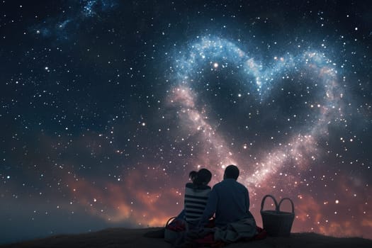 two lovers romantic night couple looking at stars in the sky sitting on green grass field , ultra wide, pragma