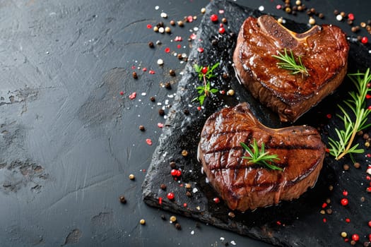 grilled beef steak for valentines day pragma in black background