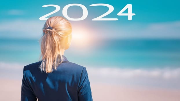 business woman with the new year 2024 for her eyes. Businesswoman looking at 2024 white color letter over brured seaside background, Business happy new year 2024 cover concept. High quality image