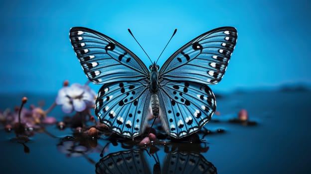 Beautiful blue butterfly on blue water on a blue background.