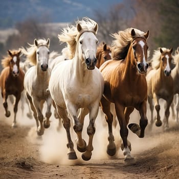 A herd of horses gallops along a country road.