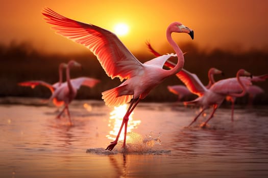 A flock of pink flamingos flies over the water.