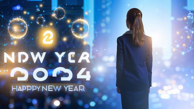 business woman with the new year 2024 for her eyes. Businesswoman looking at futuristic 2024 withe color letter over futuristic blured blue background, Business happy new year 2024 cover concept. High quality image