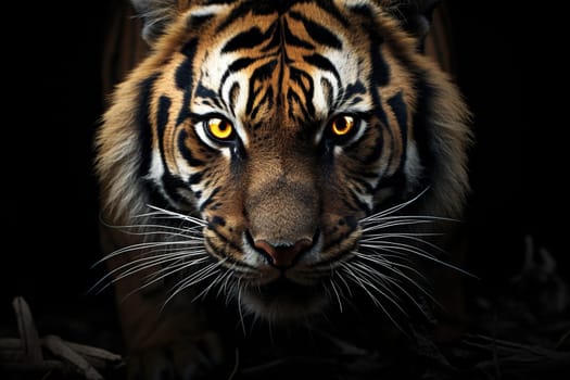 Portrait of an adult tiger in the darkness of the jungle.