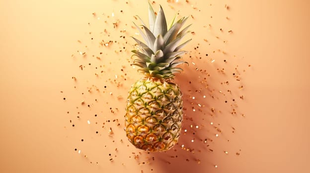 Pineapple is lying on a peach-colored background, golden confetti is scattered nearby.