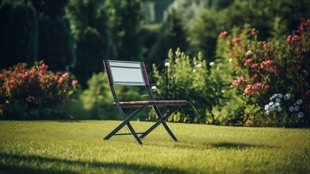 Chair in a lush floral garden at golden hour , on a bright green neat lawn .
