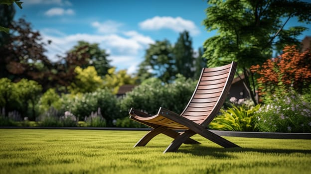 Lounger chair in a vibrant garden landscape stands on a bright green neat lawn .