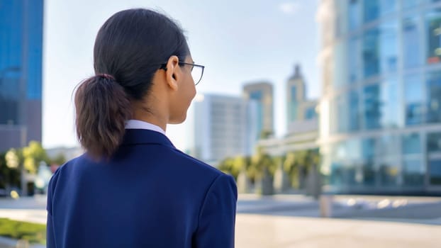 business woman with the blured city for her eyes. Businesswoman looking at futuristic blured city, Business happy new year 2024 cover concept. High quality image