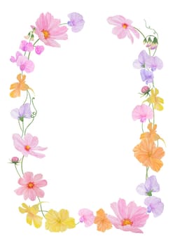 Watercolor botanical colourful frame of summer and autumn flowers: pink and lilac lathyrus and yellow and orange nasturtium. Good for wedding print products, paper, invitations, greetings, fabric, posters, textile