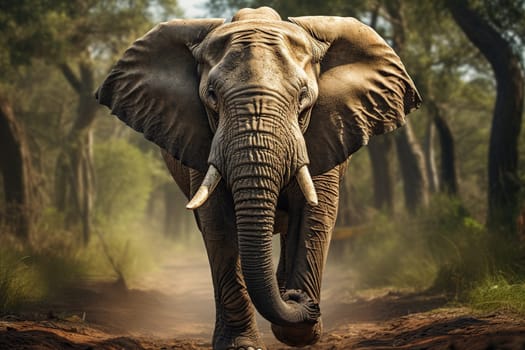 An adult elephant walks in the tropical forest.