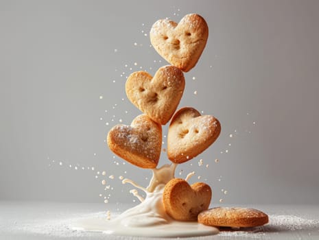 Food composition with heart shape cookies and floating milk. Sweet food background. Ai generated