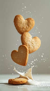 Food composition with heart shape cookies and floating milk. Sweet food background. Ai generated