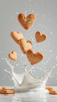 Food composition with heart shape cookies and floating milk. Sweet food background. Ai generated