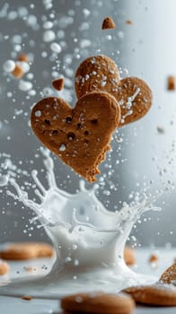 Food composition with heart shape cookies and floating milk. Sweet food background. Ai generated