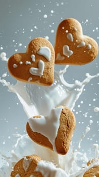 Food composition with heart shape cookies and floating milk. Sweet food background. Ai generated