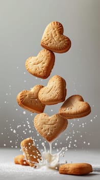 Food composition with heart shape cookies and floating milk. Sweet food background. Ai generated