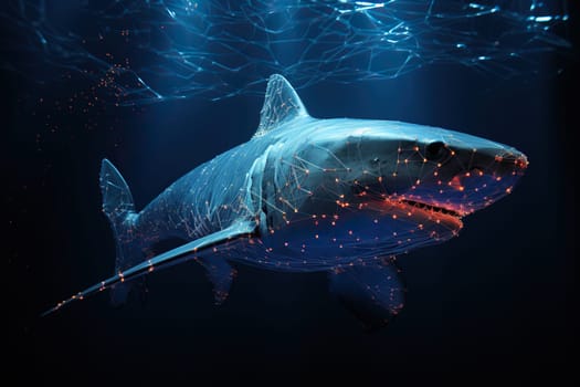 A shark is shrouded in neural connections deep underwater. Character for a computer game.