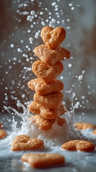 Food composition with heart shape cookies and floating milk. Sweet food background. Ai generated