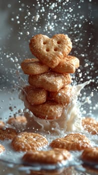 Food composition with heart shape cookies and floating milk. Sweet food background. Ai generated