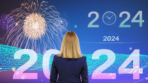 business woman with the new year 2024 for her eyes. Businesswoman looking at 2024 white color letter over blue futured background, Business happy new year 2024 cover concept. High quality image