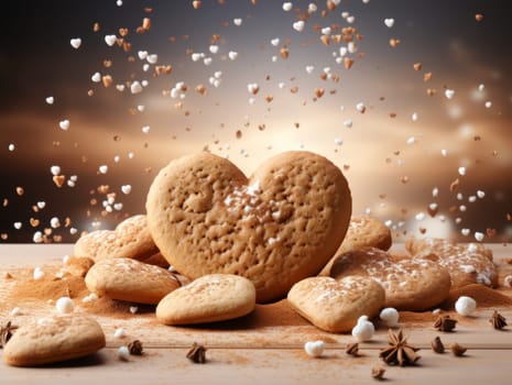 Food composition with heart shape cookies and floating milk. Sweet food background. Ai generated