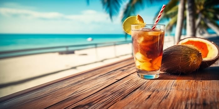 Iced beverage next to a coconut on a sunny beachside table