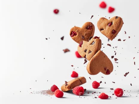 Tasty Yummy Homemade Sweet Cookies. Chocolate and Raspberry Heart Shape Pastry Dessert. Food Photo Background. Valentine's Day Composition. Ai generated