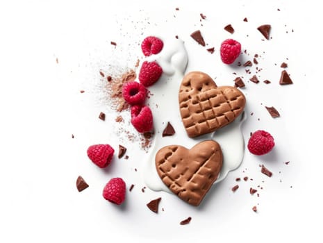 Tasty Yummy Homemade Sweet Cookies. Chocolate and Raspberry Heart Shape Pastry Dessert. Food Photo Background. Valentine's Day Composition. Ai generated