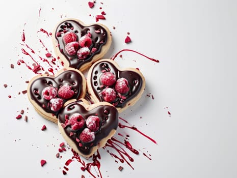 Tasty Yummy Homemade Sweet Cookies. Chocolate and Raspberry Heart Shape Pastry Dessert. Food Photo Background. Valentine's Day Composition. Ai generated