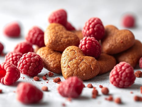 Tasty Yummy Homemade Sweet Cookies. Chocolate and Raspberry Heart Shape Pastry Dessert. Food Photo Background. Valentine's Day Composition. Ai generated