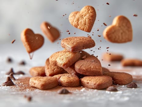 Tasty Yummy Homemade Sweet Cookies. Chocolate and Raspberry Heart Shape Pastry Dessert. Food Photo Background. Valentine's Day Composition. Ai generated