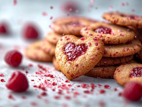 Tasty Yummy Homemade Sweet Cookies. Chocolate and Raspberry Heart Shape Pastry Dessert. Food Photo Background. Valentine's Day Composition. Ai generated